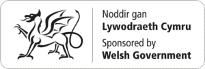 Darlun bras du o ddraig wrth ymyl testun dwyieithog: “Nodir gan Dy Cymru / Sponsored by Welsh Government”.